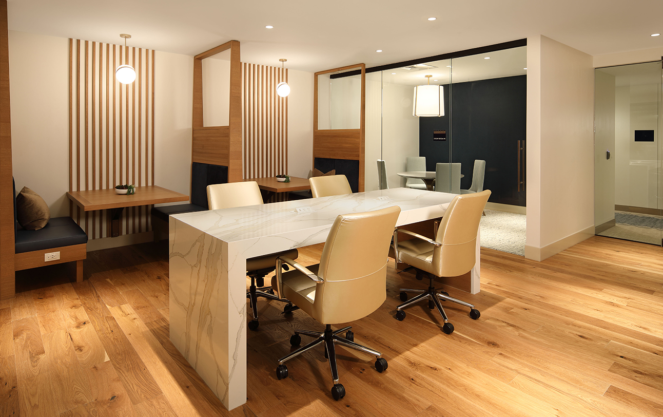 conference table and work booths