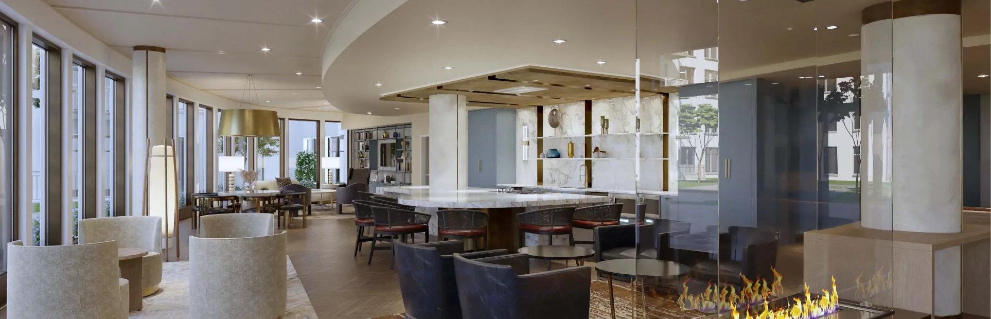 The Milton clubroom with comfortable seating, central bar and frameless fireplace