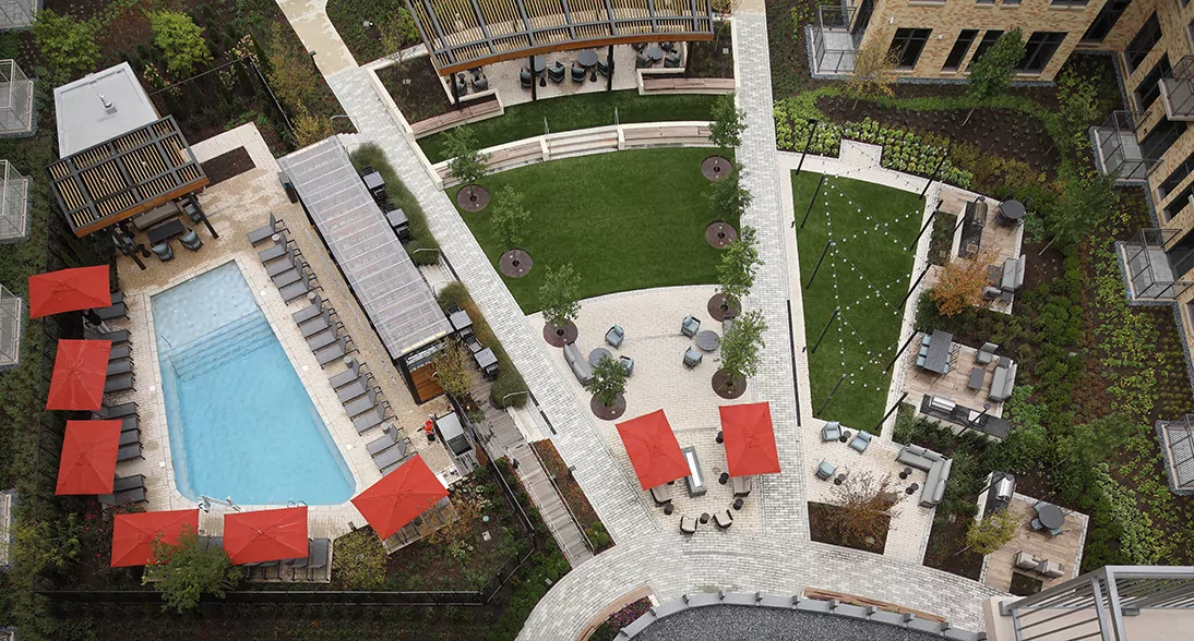 Aerial of pool and lawn areas