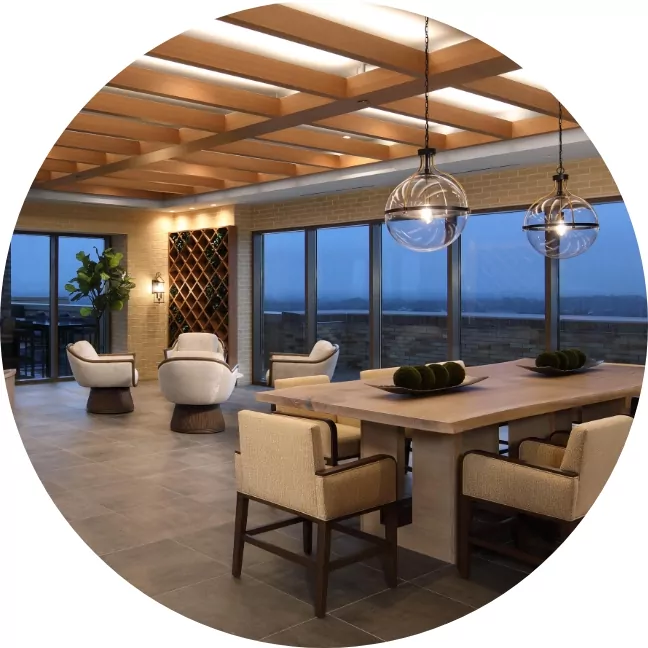 The Milton at Twinbrook Quarter rooftop lounge with dining table and conversational seating